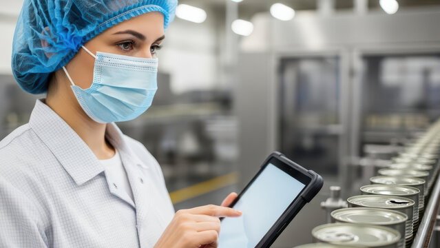 Focused female food factory worker wearing protective mask and hairnet using digital tablet for quality control while inspecting metal cans on modern production line - Powered by Adobe