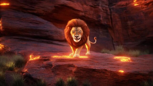 Roaring Lion On Lava In Fiery Landscape.