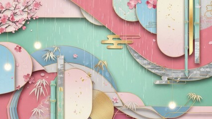 A colorful, abstract digital artwork featuring a mix of geometric shapes, floral patterns, and traditional Japanese elements. 