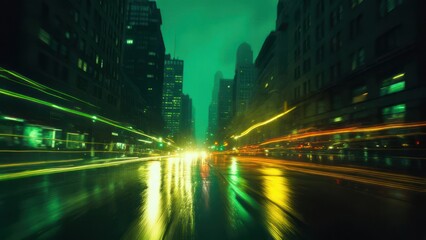 Fototapeta premium Vibrant green light trails streak through a futuristic city at night.