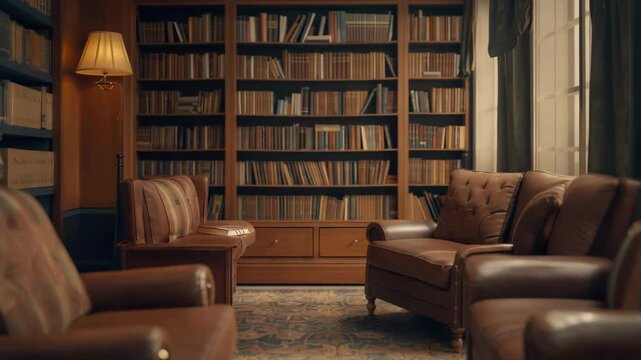 Cozy leather reading room with leather sofa leather armchair bookshelf book reading lamp rug