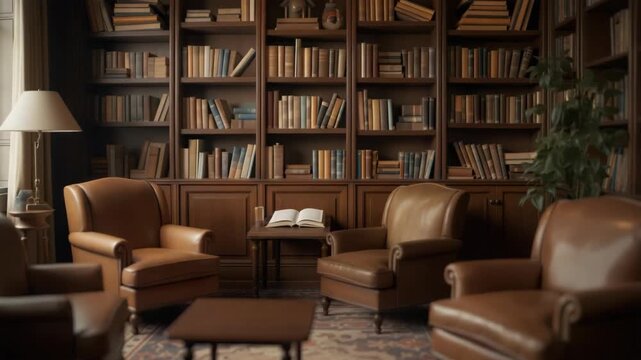 Cozy leather armchair reading corner with wooden bookshelf warm lamp open book library room