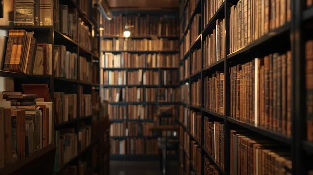 Cozy narrow library aisle with warm lamp light, leather bound bookshelf and vintage book spines