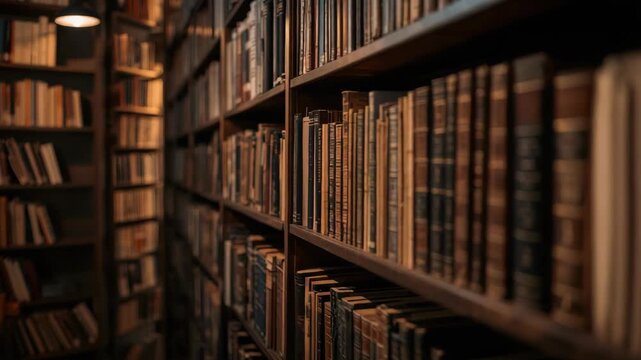Cozy vintage antique book shelf library aisle with leather bound spines and warm lamp glow