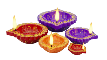 Colorful Diya Lamps with Flames