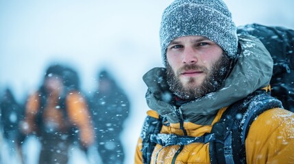 Man hiking snowy mountain, blizzard background; winter adventure
