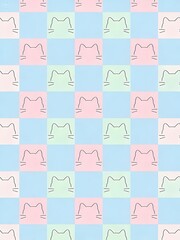 Playful Pastel Pattern: a whimsical pastel-colored pattern showcases the adorable silhouette of a cat's face arranged in a checkered design, evoking feelings of playfulness and gentle charm.