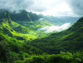 Obraz premium Hidden Valley Covered in Mist and Towering Greenery