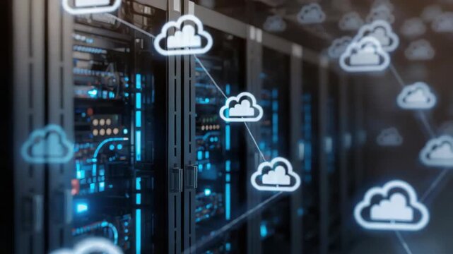 Cloud server rack with glowing blue lights and connected network icons conveying secure data