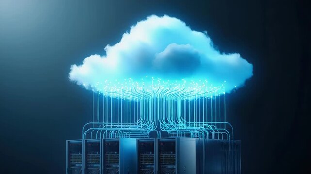 Cloud shaped data network glowing above server rack connecting storage and computing with glowing