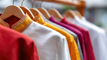 Indian kurta embroidery collar silk fabric colorful clothing retail shop indian textile detail vibrant display on hanger