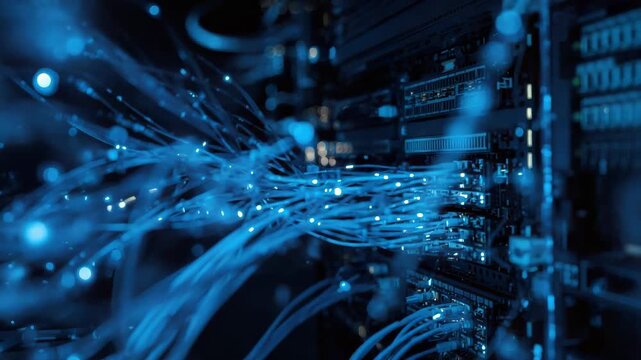Fiber optic cables glowing blue data center connecting network hardware and server with dynamic
