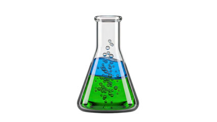 Erlenmeyer Flask with Layered Green and Blue Liquids and Bubbles