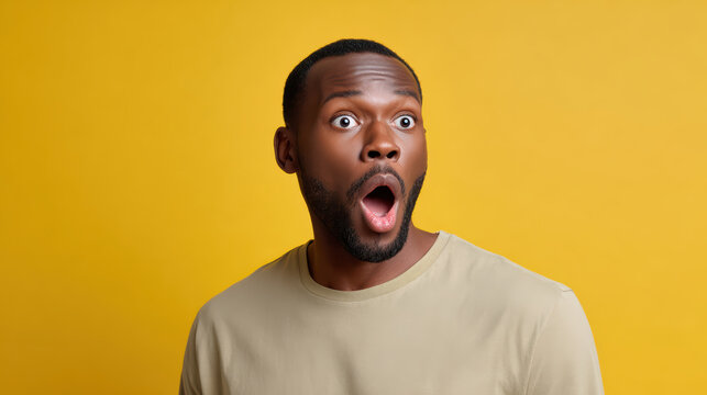 Surprised man amazed face shocked expression african american yellow background casual tshirt open mouth emotional reaction Surprised man with