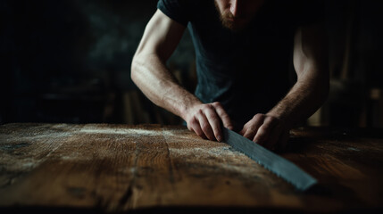 Carpenter wood cut house build saw architecture man hand tool on rustic table focused work detail