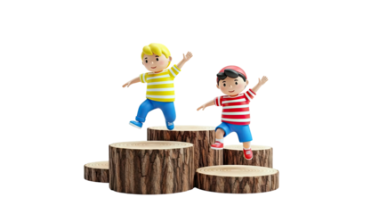 Cartoon boys with striped shirts on wooden stumps