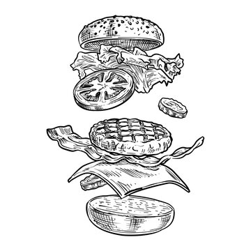 exploded hamburger ingredients vector line art hand drawn illustration