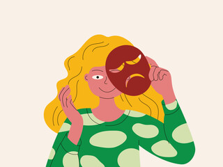 A woman with orange hair lifts a sad mask to reveal a calm smile. Minimalist illustration symbolizing daydreaming, mental relaxation, and psychological comfort
