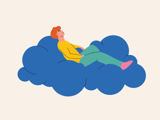 A man with orange hair reclining peacefully on a large blue cloud, floating. Minimalist illustration symbolizing daydreaming, mental relaxation, and psychological comfort