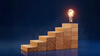 Light Bulb on Wooden Block Staircase — Step-by-Step Path to Innovation and Growth