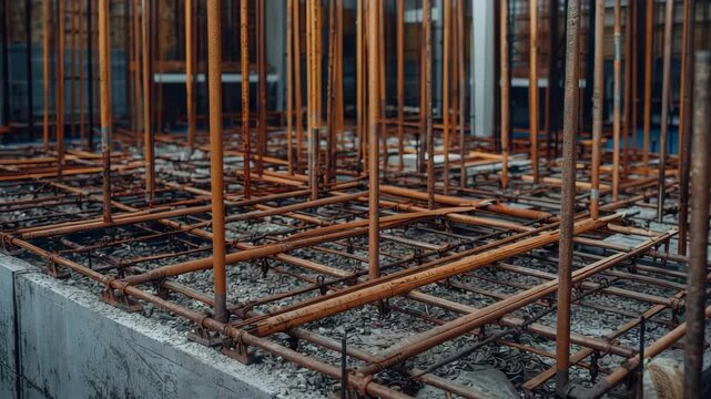 Rusty rebar steel grid concrete foundation construction site gritty industrial construction mood