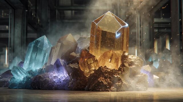 Cinematic rare earth renewable energy technology illustration, glowing mineral elements integrated into advanced renewable energy systems, clean high-tech environment blending natural and industrial 
