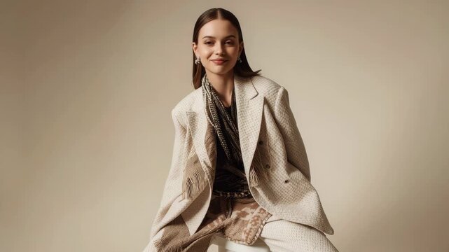 Elegant woman in neutral suit tailored jacket with patterned scarf and blouse poised serene