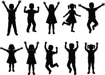 happy children silhouettes set, jumping celebrating boys and girls poses, playful childhood joy concept, isolated black vector illustration