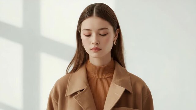 Portrait woman in brown coat and turtleneck by window soft natural light closed eyes calm expression