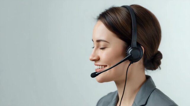 Friendly customer service representative headset smiling confidently call center representative