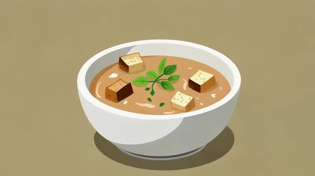 Hands Hold A Bowl Of Warm Tofu Soup With Garnishes Illustration.