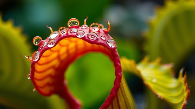 Vibrant Pitcher Plant with Dew Drops, Nature Close-up, Green Blurred Background