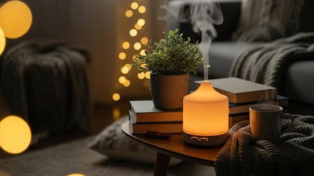 Cozy living room with essential oil diffuser and bokeh lights