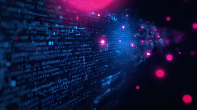 Neon data stream code with glowing pink bokeh and blue digital nodes evoking futuristic network