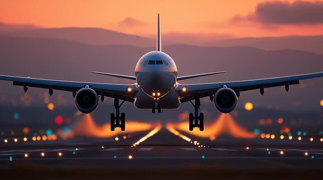 A large jetliner taking off from an airport runway at sunset or dawn with the landing gear down and the landing gear down, as the plane is about to take off.
