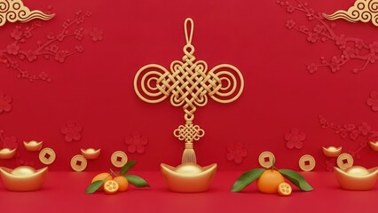 Chinese New Year decorations with gold and red elements on a red background.