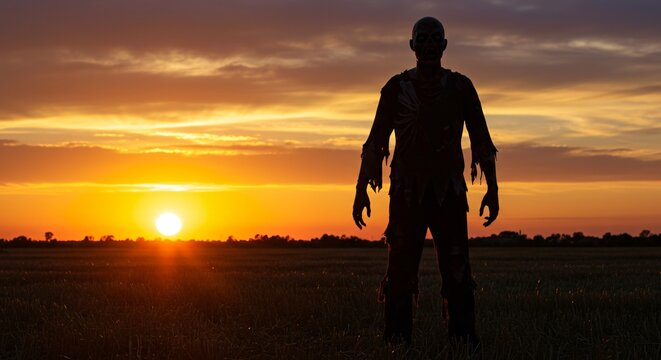 Zombie Silhouette at Sunset Scary Halloween Undead Monster Field Horror Concept Art Image