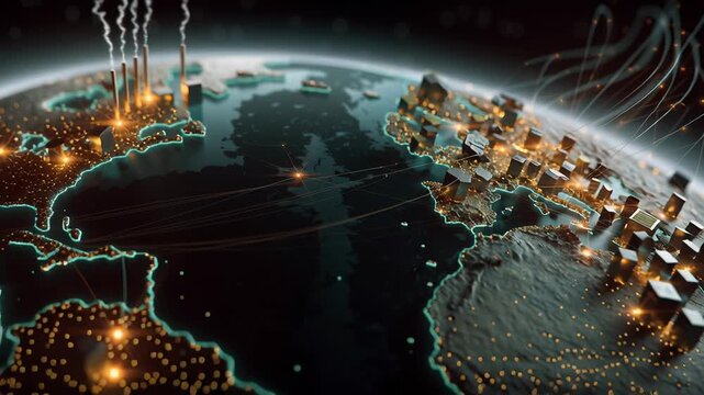 Cinematic rare earth metals global supply illustration, glowing metallic mineral elements moving through an interconnected global logistics network, abstract world-scale composition, controlled 