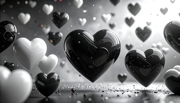 A mesmerizing grayscale image of floating hearts in various sizes