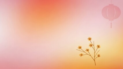 A pink and orange gradient background with a hanging lantern and a small flower arrangement.