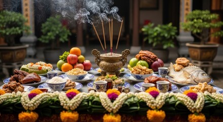 Traditional Chinese Ancestor Worship Offering Table with Incense and Food.