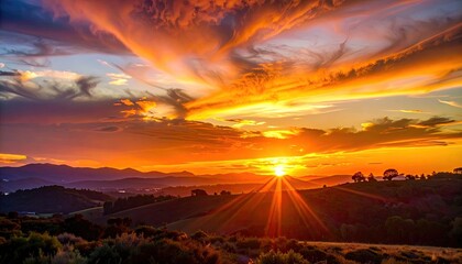 Vivid sunset paints the sky with fiery colors over rolling hills and distant mountains