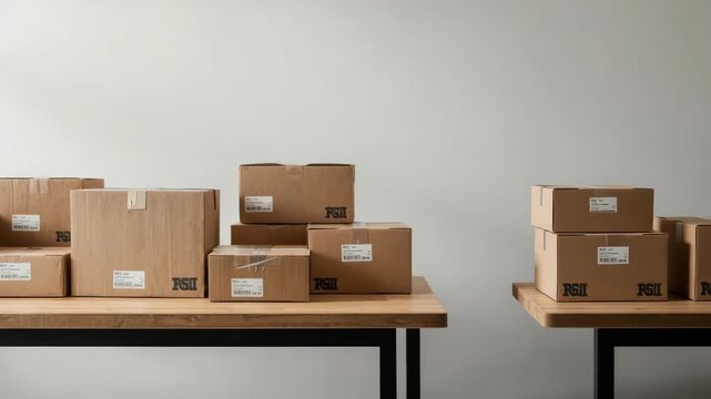 Stacked cardboard box parcel and shipping box arrangement wooden table minimalist interior with