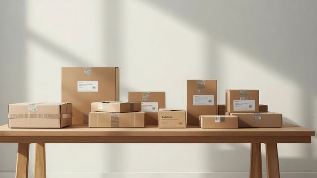 Minimalist cardboard parcel box package arrangement wooden table soft sunlight calm delivery scene
