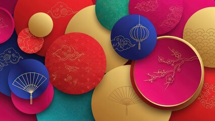 A colorful, abstract background featuring circular shapes in red, blue, green, and yellow with intricate patterns and designs.