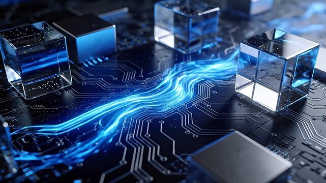 Circuit board with glowing cubes