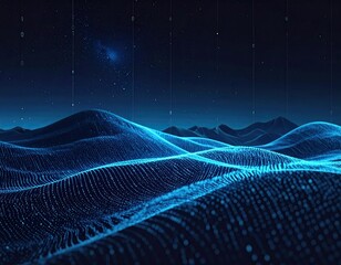 Digital rendering of a wavy, textured landscape under a starry night sky with binary code
