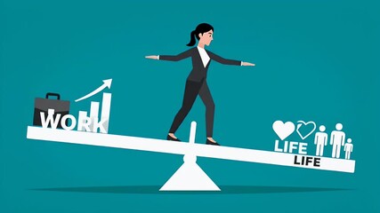 Work Life Balance Concept Depicted with a Woman on a Seesaw.