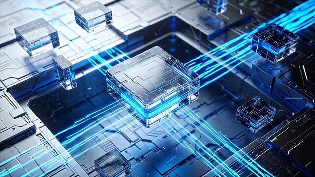 Futuristic circuit board with glowing cubes