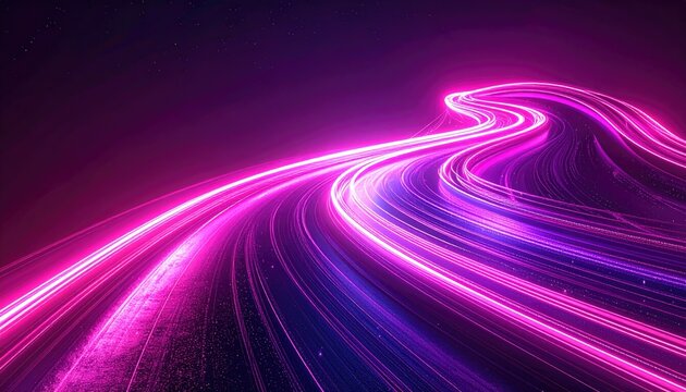 Illuminated magenta and purple curvy road against a dark starry backdrop, motion effect